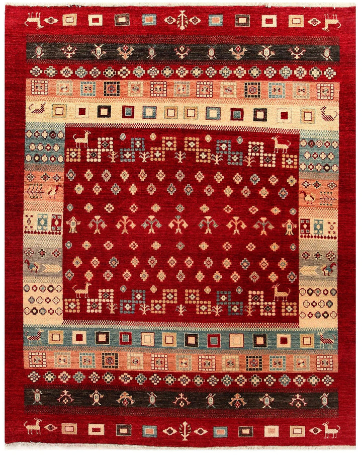 Firebrick Red Pakistani Gabbeh Rug 6' 8" x 8' 1" Hand-Knotted | No. QA76034
