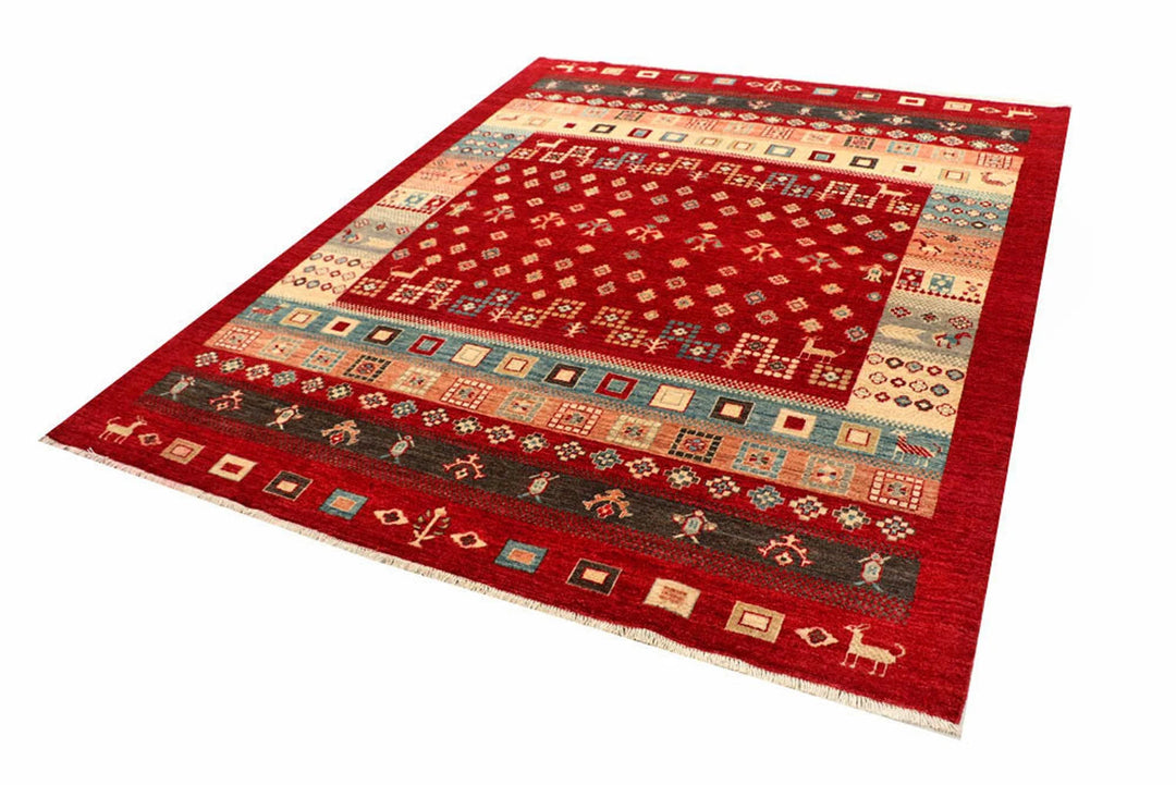 Firebrick Red Pakistani Gabbeh Rug 6' 8" x 8' 1" Hand-Knotted | No. QA76034