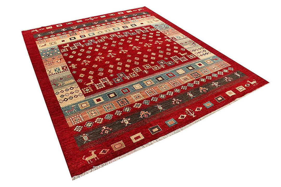 Firebrick Red Pakistani Gabbeh Rug 6' 8" x 8' 1" Hand-Knotted | No. QA76034