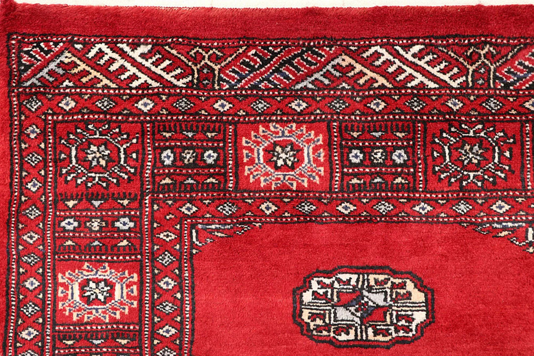 Red Pakistani Bokhara Rug 4' 1" x 6' Hand-Knotted | No. QA76602