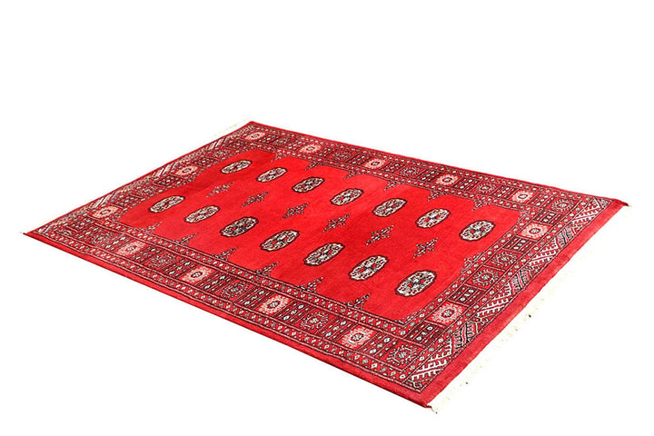 Red Pakistani Bokhara Rug 4' 1" x 6' Hand-Knotted | No. QA76602