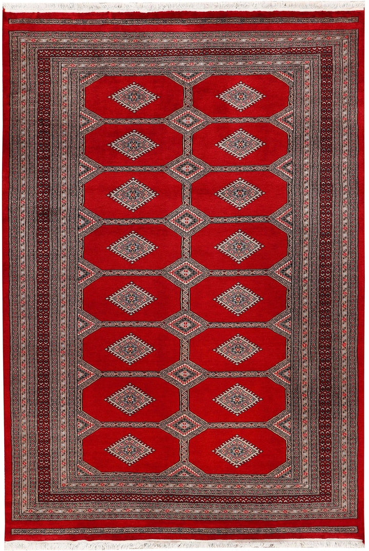 Red Pakistani Jaldar Rug 5' 6" x 8' Hand-Knotted | No. QA77696