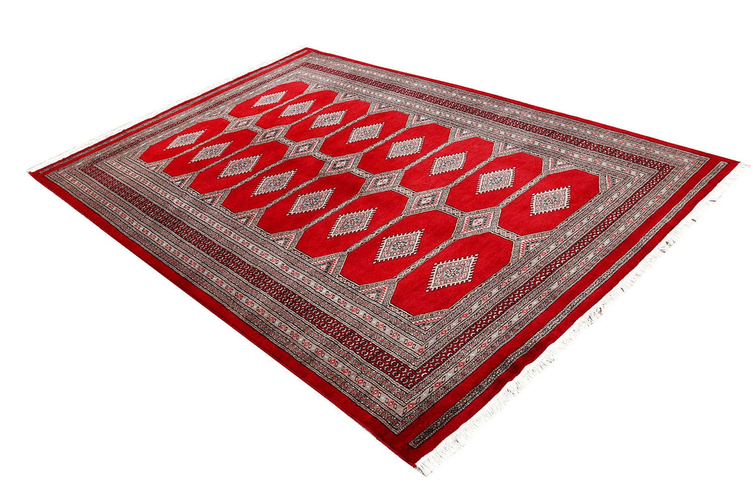Red Pakistani Jaldar Rug 5' 6" x 8' Hand-Knotted | No. QA77696