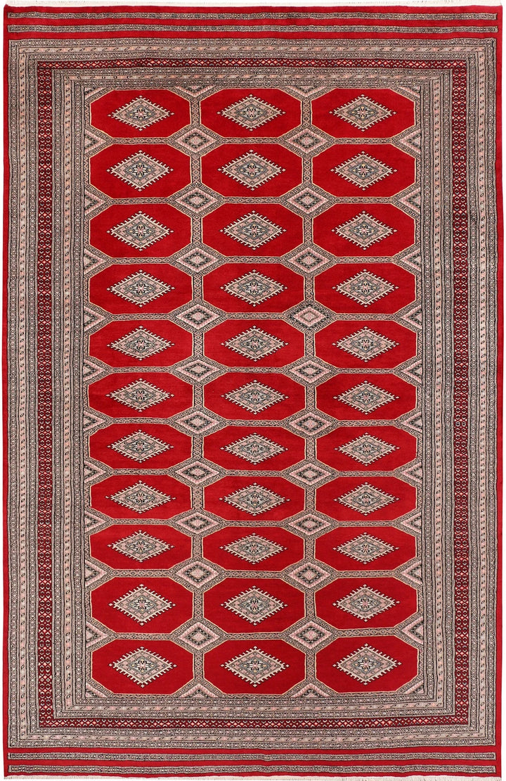 Firebrick Red Pakistani Jaldar Rug 6' 7" x 9' 10" Hand-Knotted | No. QA78502