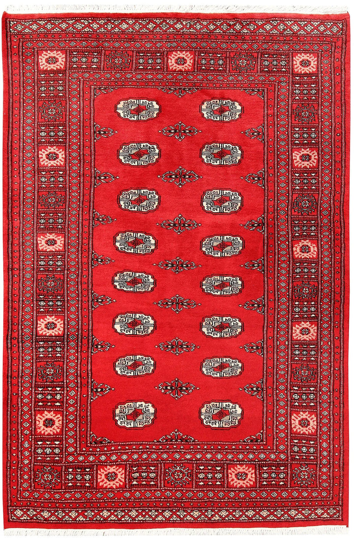 Red Pakistani Bokhara Rug 4' 2" x 6' 2" Hand-Knotted | No. QA78976