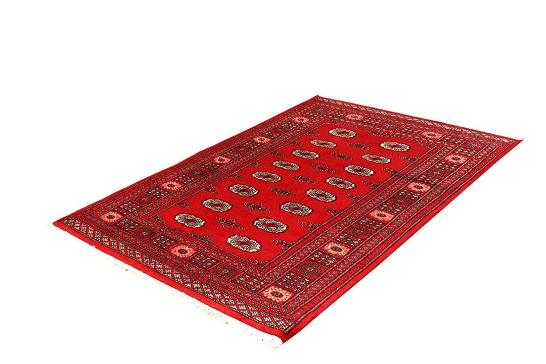 Red Pakistani Bokhara Rug 4' 2" x 6' 2" Hand-Knotted | No. QA78976