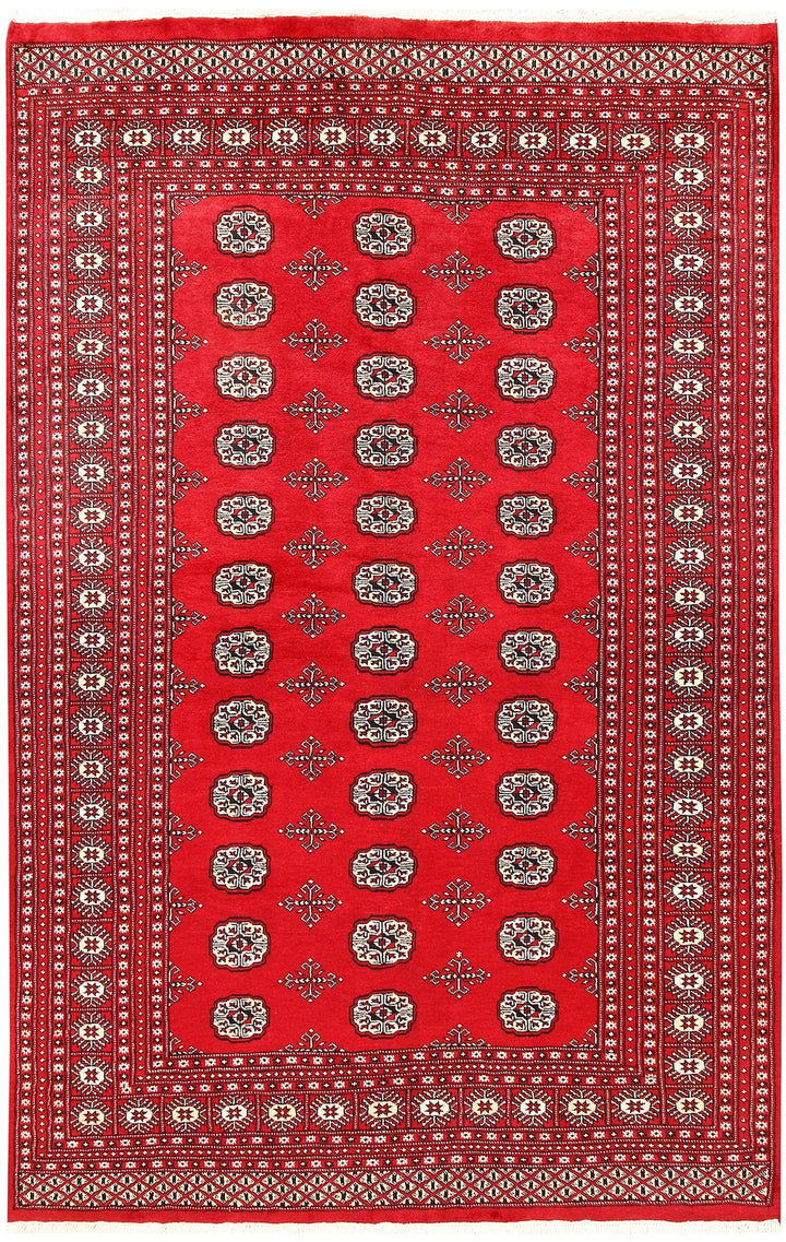 Red Pakistani Bokhara Rug 6' 1" x 8' 10" Hand-Knotted | No. QA79187