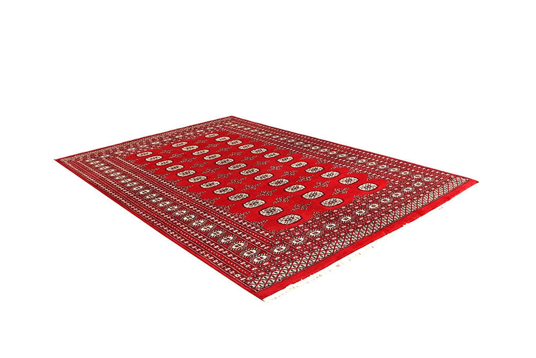 Red Pakistani Bokhara Rug 6' 1" x 8' 10" Hand-Knotted | No. QA79187