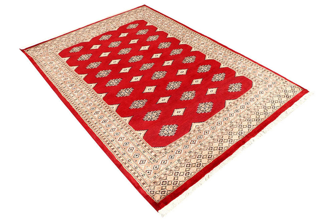 Red Pakistani Jaldar Rug 4' 7" x 6' 7" Hand-Knotted | No. QA79235
