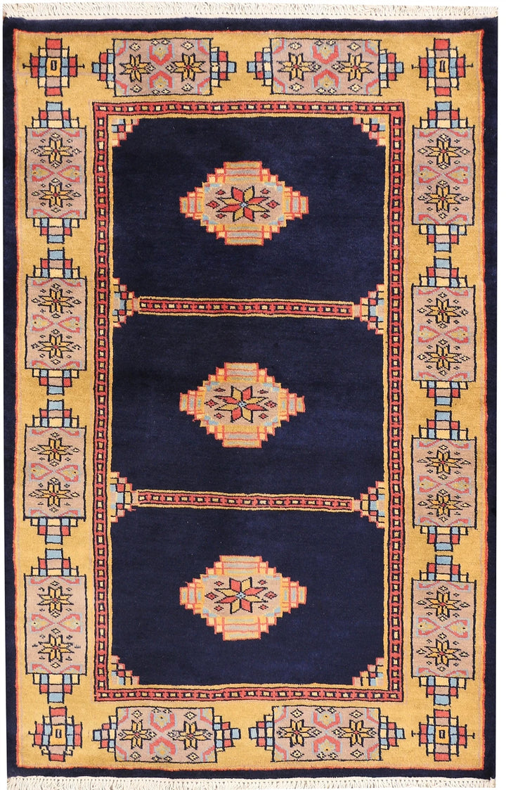Midnight Blue Pakistani Jaldar Rug 2' 7" x 3' 10" Hand-Knotted | No. QA79247
