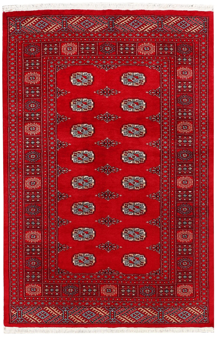 Red Pakistani Bokhara Rug 4' 1" x 6' 1" Hand-Knotted | No. QA79325