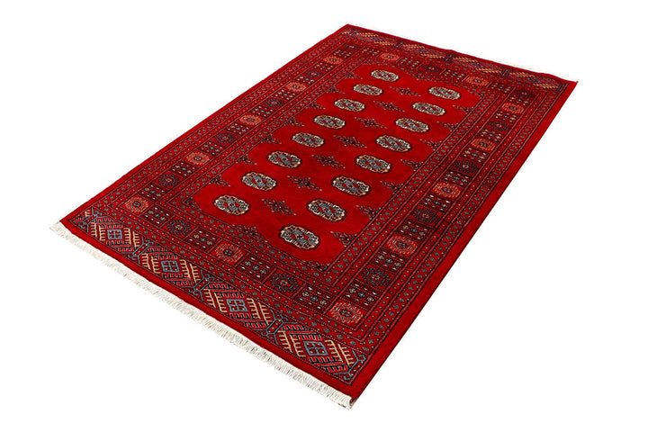 Red Pakistani Bokhara Rug 4' 1" x 6' 1" Hand-Knotted | No. QA79325
