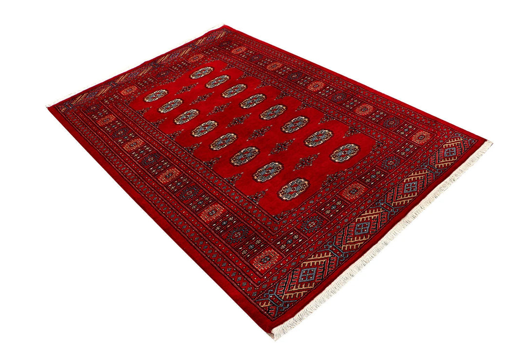 Red Pakistani Bokhara Rug 4' 1" x 6' 1" Hand-Knotted | No. QA79325
