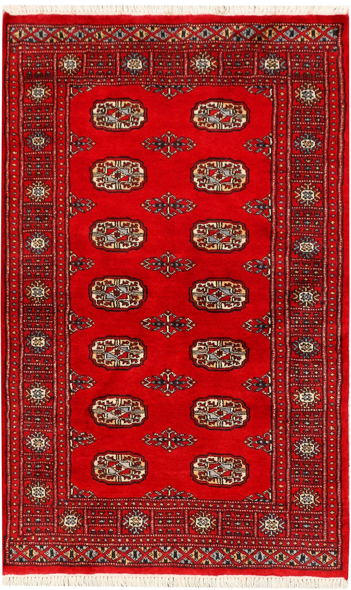 Red Pakistani Bokhara Rug 3' 1" x 4' 11" Hand-Knotted | No. QA79716