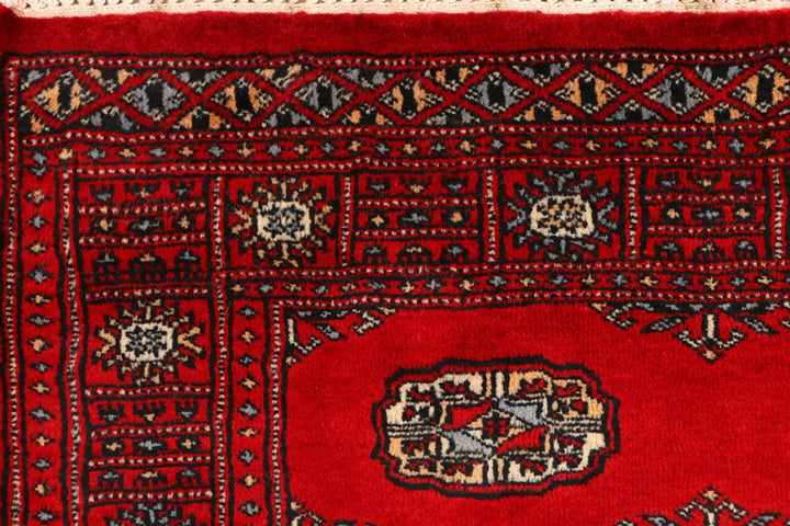 Red Pakistani Bokhara Rug 3' 1" x 4' 11" Hand-Knotted | No. QA79716