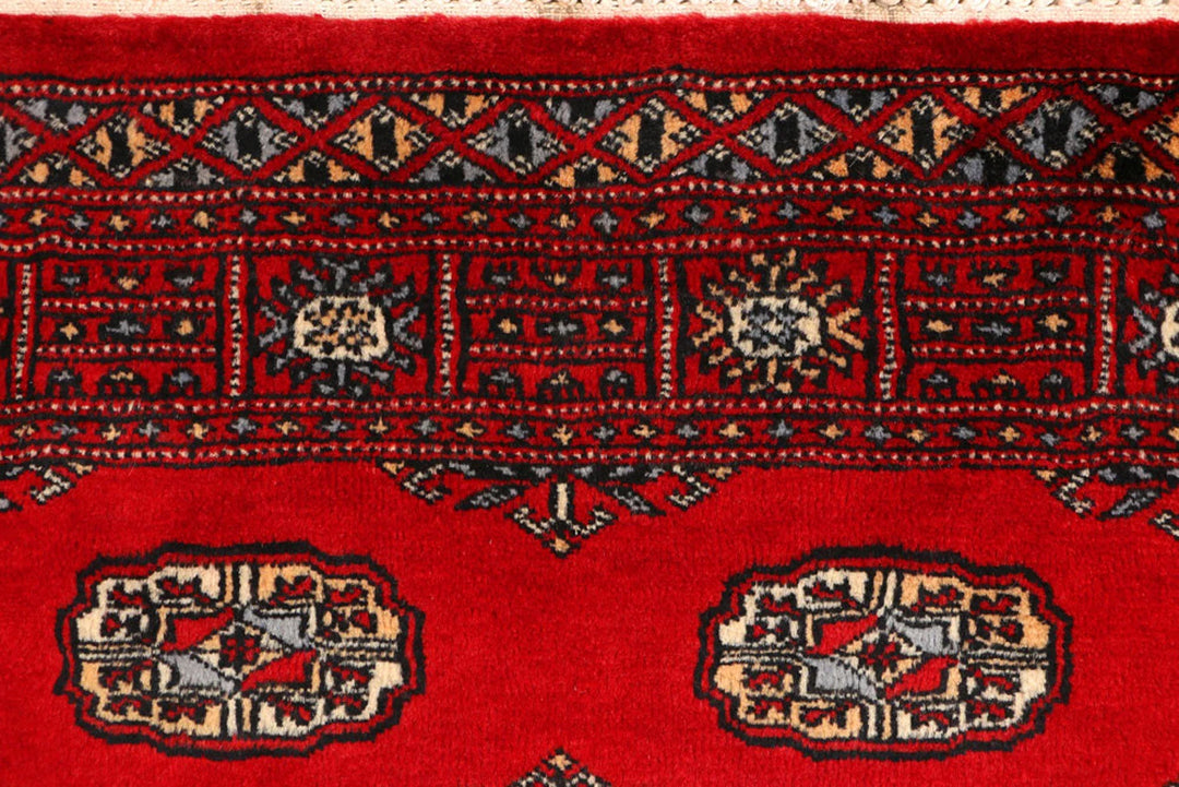 Red Pakistani Bokhara Rug 3' 1" x 4' 11" Hand-Knotted | No. QA79716