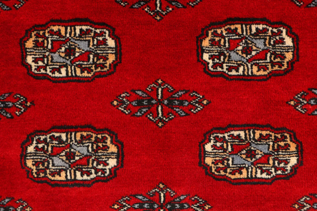 Red Pakistani Bokhara Rug 3' 1" x 4' 11" Hand-Knotted | No. QA79716
