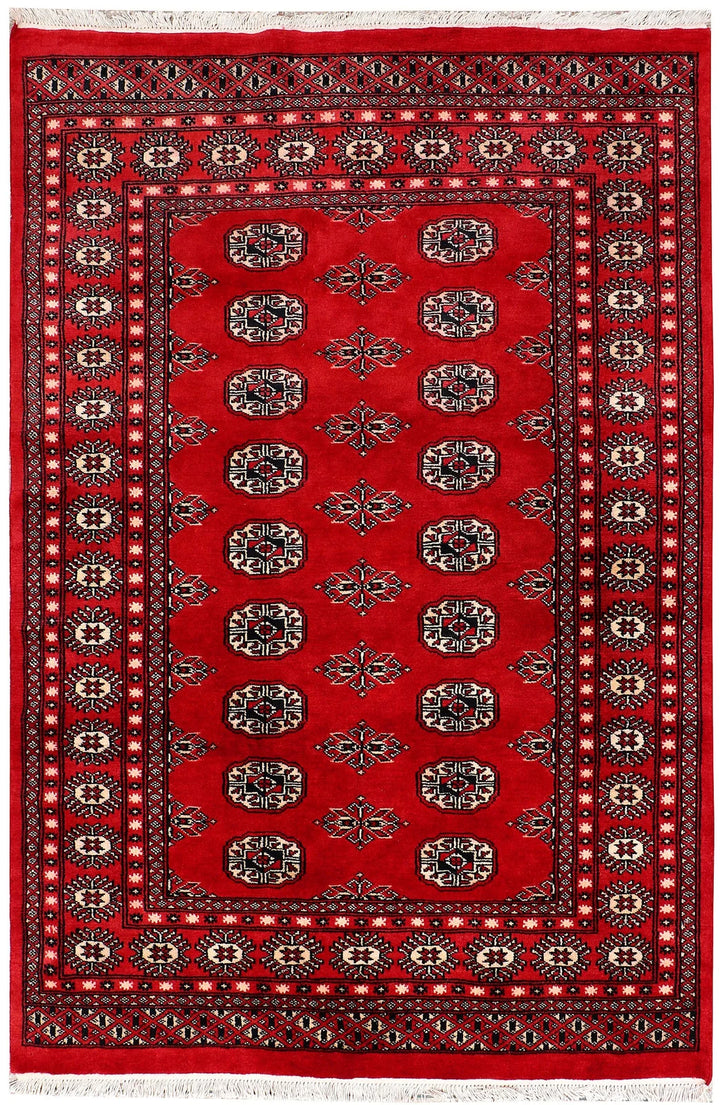 Red Pakistani Bokhara Rug 4' x 6' 1" Hand-Knotted | No. QA79839