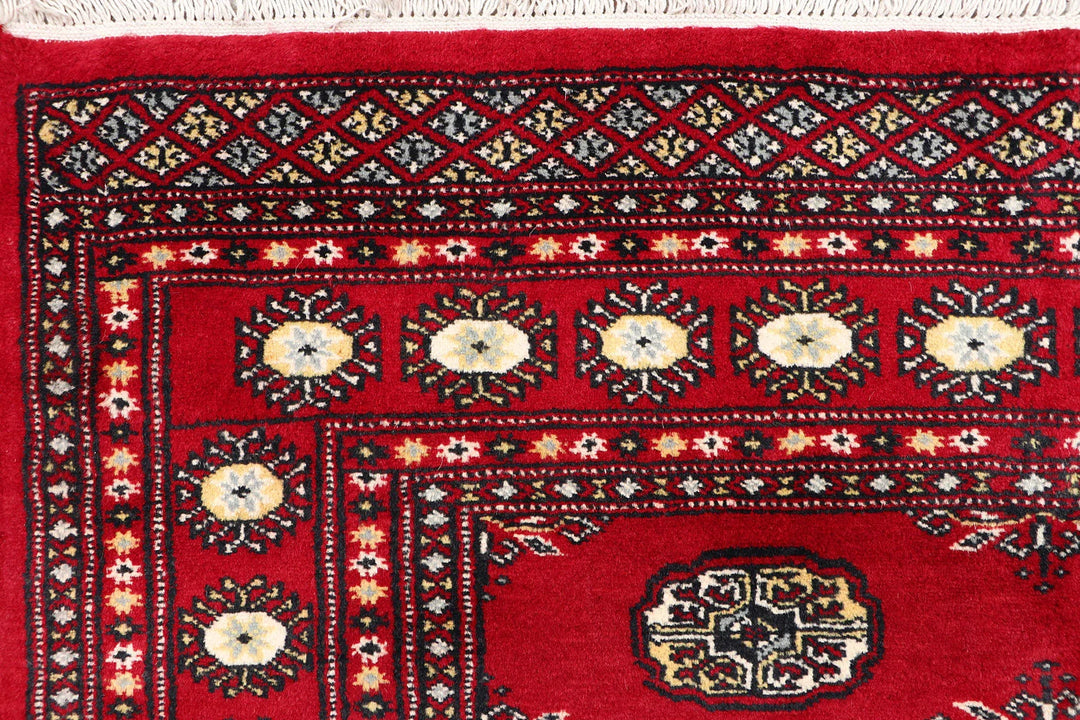 Red Pakistani Bokhara Rug 4' x 6' 1" Hand-Knotted | No. QA79839