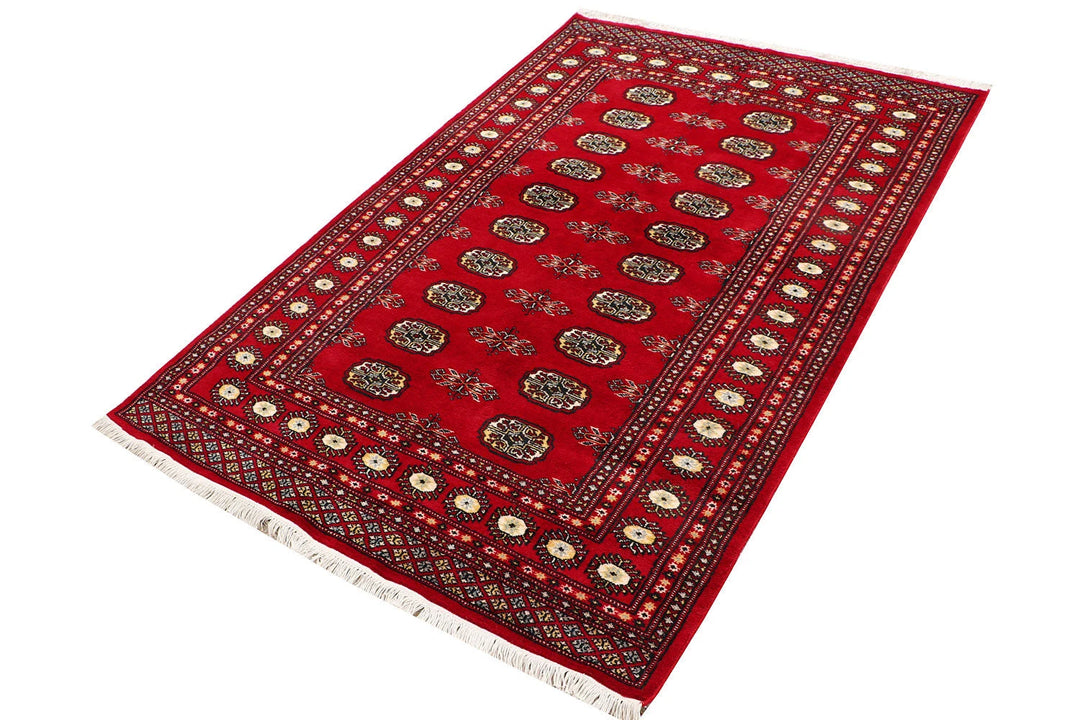 Red Pakistani Bokhara Rug 4' x 6' 1" Hand-Knotted | No. QA79839