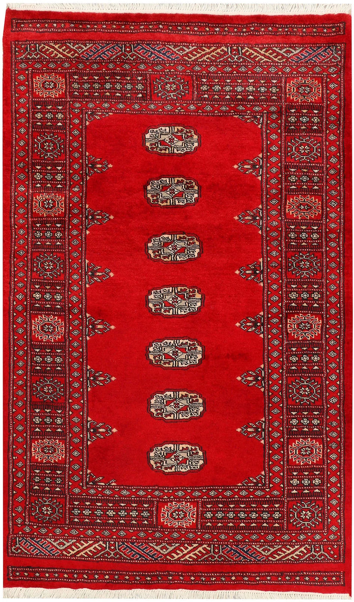 Red Pakistani Bokhara Rug 3' 1" x 4' 11" Hand-Knotted | No. QA80212