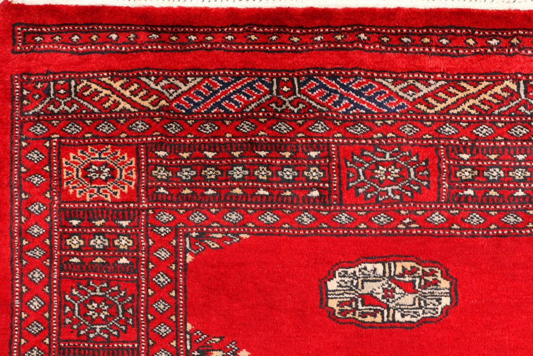 Red Pakistani Bokhara Rug 3' 1" x 4' 11" Hand-Knotted | No. QA80212