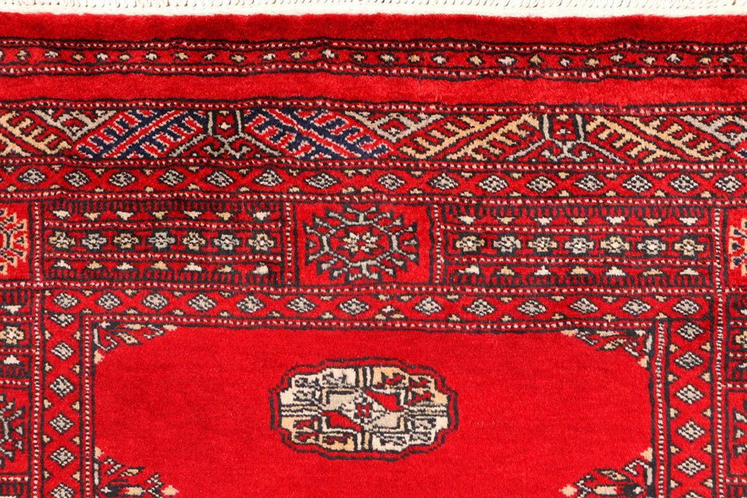 Red Pakistani Bokhara Rug 3' 1" x 4' 11" Hand-Knotted | No. QA80212