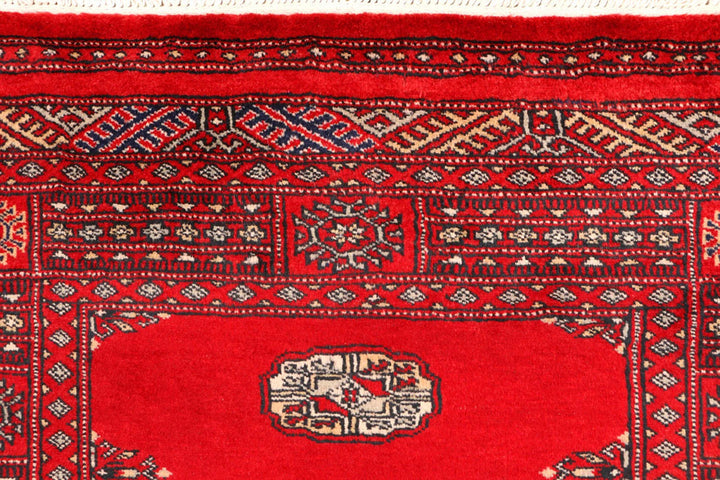 Red Pakistani Bokhara Rug 3' 1" x 4' 11" Hand-Knotted | No. QA80212