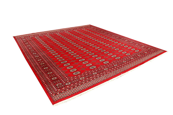 Red Pakistani Bokhara Rug 9' 1" x 11' 6" Hand-Knotted | No. QA80456