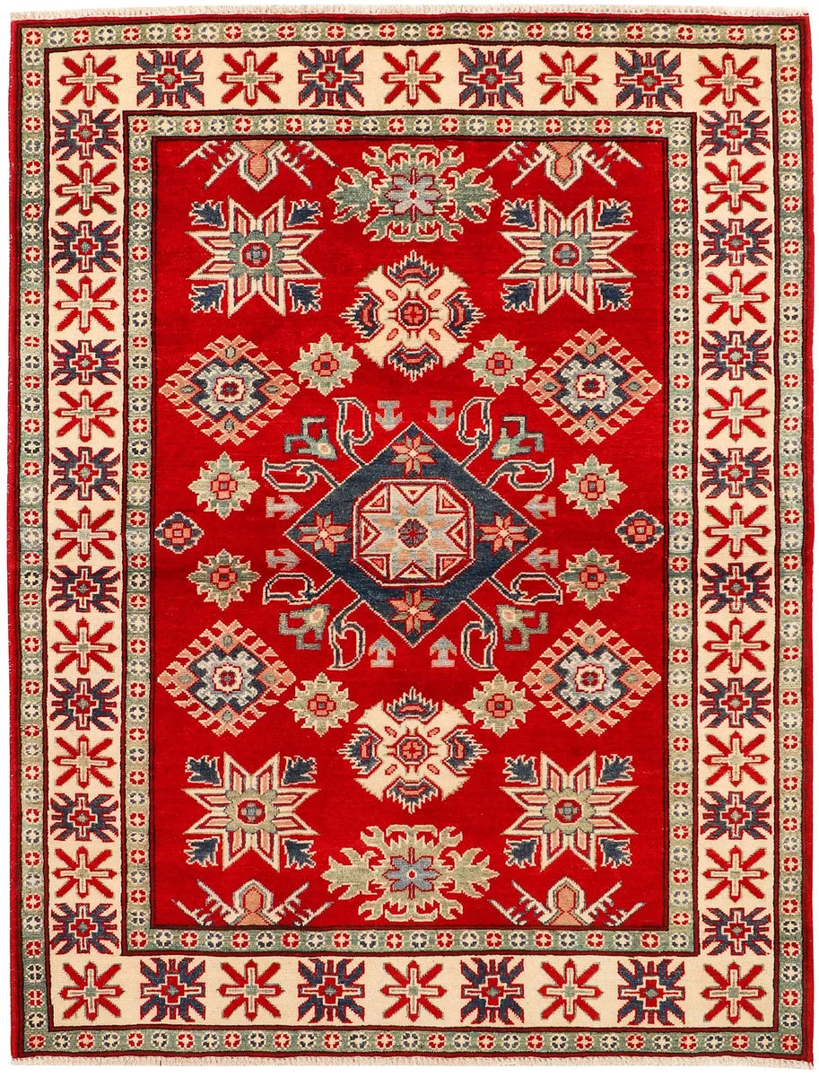 Red Afghan Kazak Rug 5' 1" x 6' 7" Hand-Knotted | No. QA81614
