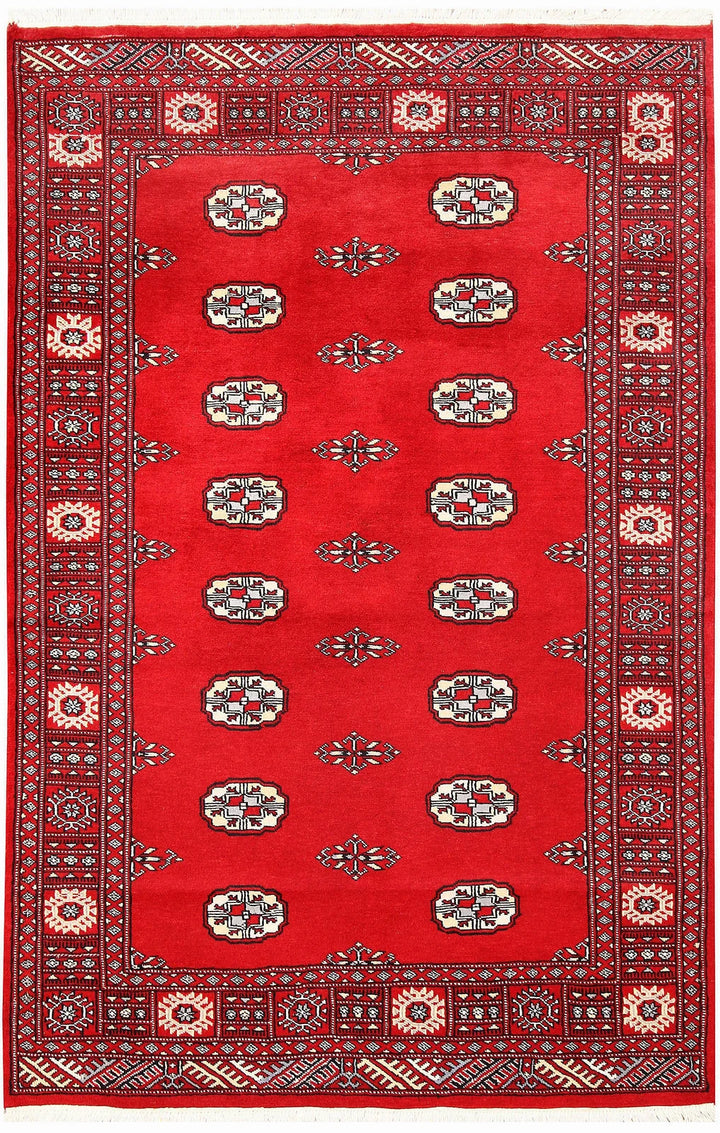 Red Pakistani Bokhara Rug 4' 1" x 6' 3" Hand-Knotted | No. QA82029