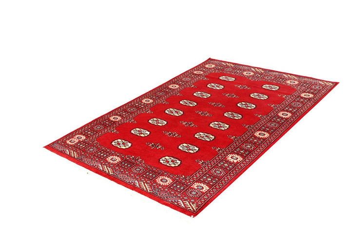 Red Pakistani Bokhara Rug 4' 1" x 6' 3" Hand-Knotted | No. QA82029