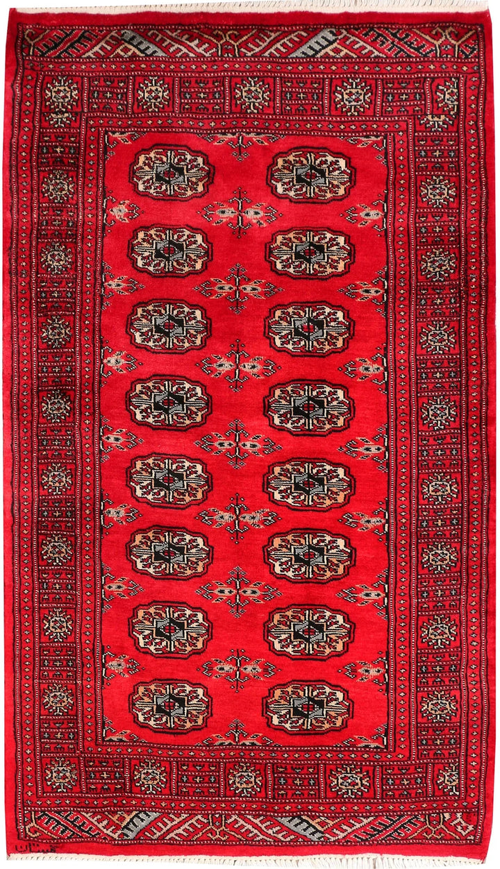 Red Pakistani Bokhara Rug 3' 1" x 5' 3" Hand-Knotted | No. QA82474