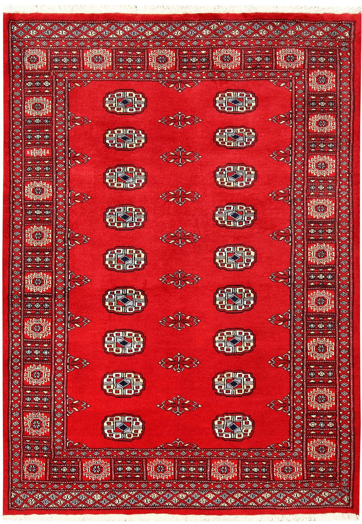 Red Pakistani Bokhara Rug 4' 3" x 5' 10" Hand-Knotted | No. QA82833