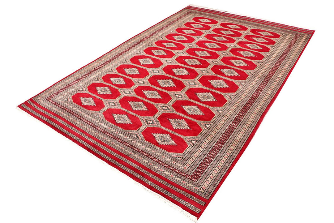 Firebrick Red Pakistani Jaldar Rug 6' 8" x 10' 4" Hand-Knotted | No. QA82943