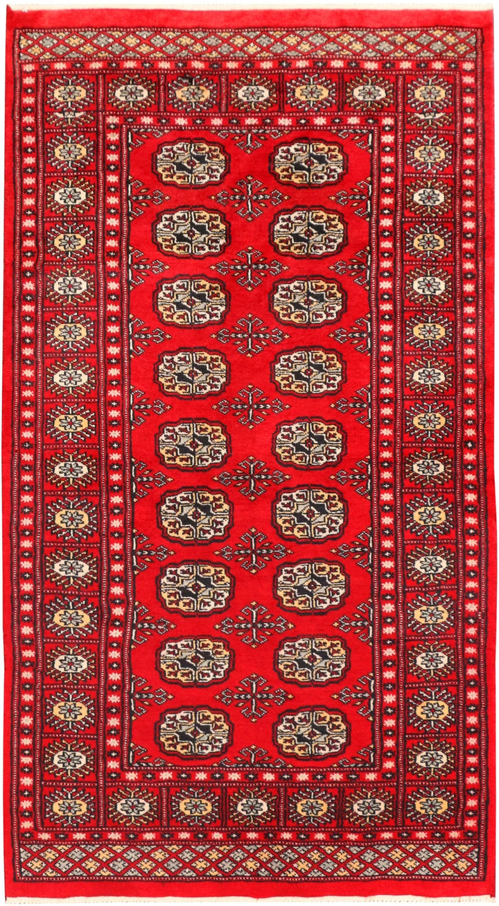 Red Pakistani Bokhara Rug 3' 1" x 5' 7" Hand-Knotted | No. QA83223