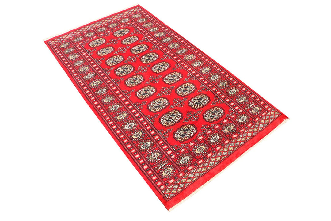 Red Pakistani Bokhara Rug 3' 1" x 5' 7" Hand-Knotted | No. QA83223