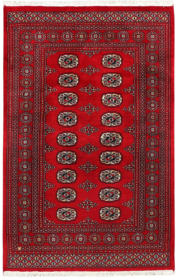 Red Pakistani Bokhara Rug 4' x 6'2" Hand-Knotted | No. QA83629