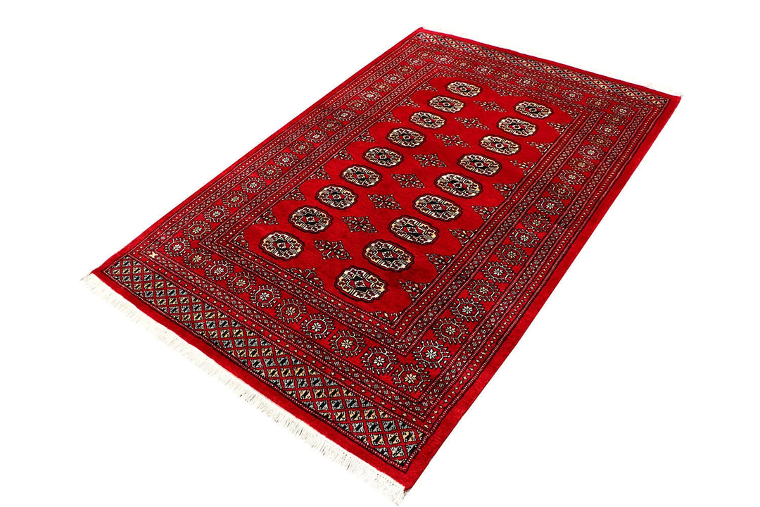 Red Pakistani Bokhara Rug 4' x 6'2" Hand-Knotted | No. QA83629