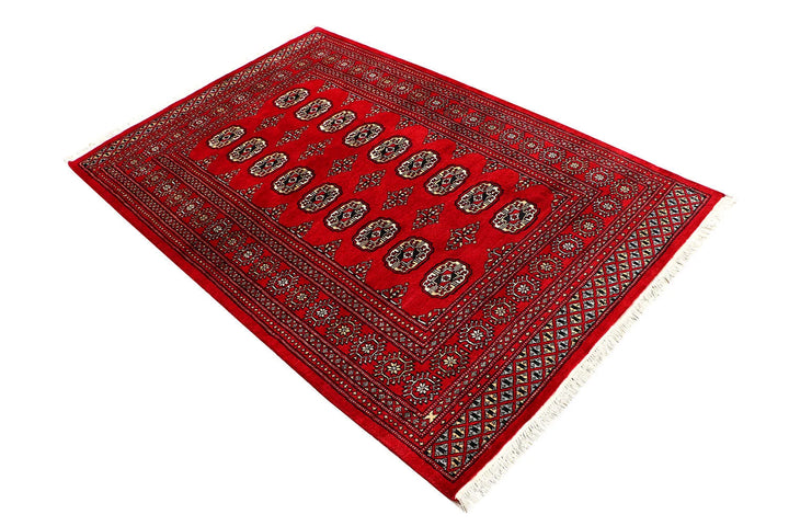 Red Pakistani Bokhara Rug 4' x 6'2" Hand-Knotted | No. QA83629