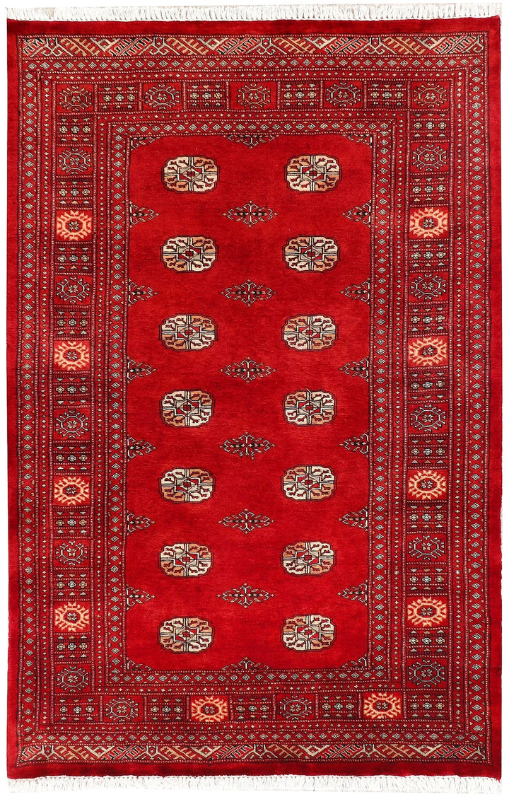 Red Pakistani Bokhara Rug 4' x 6' 4" Hand-Knotted | No. QA83708