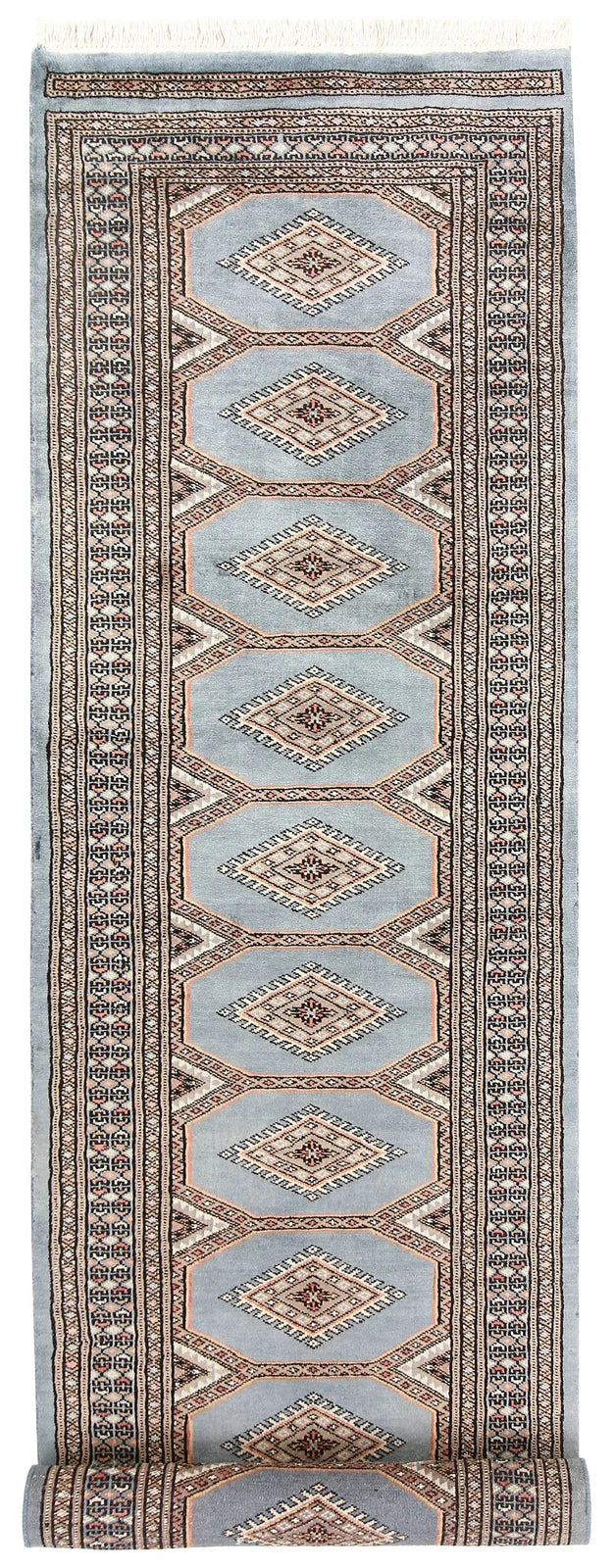 Light Steel Blue Pakistani Jaldar Rug 2' 4" x 9' 3" Hand-Knotted | No. QA84074