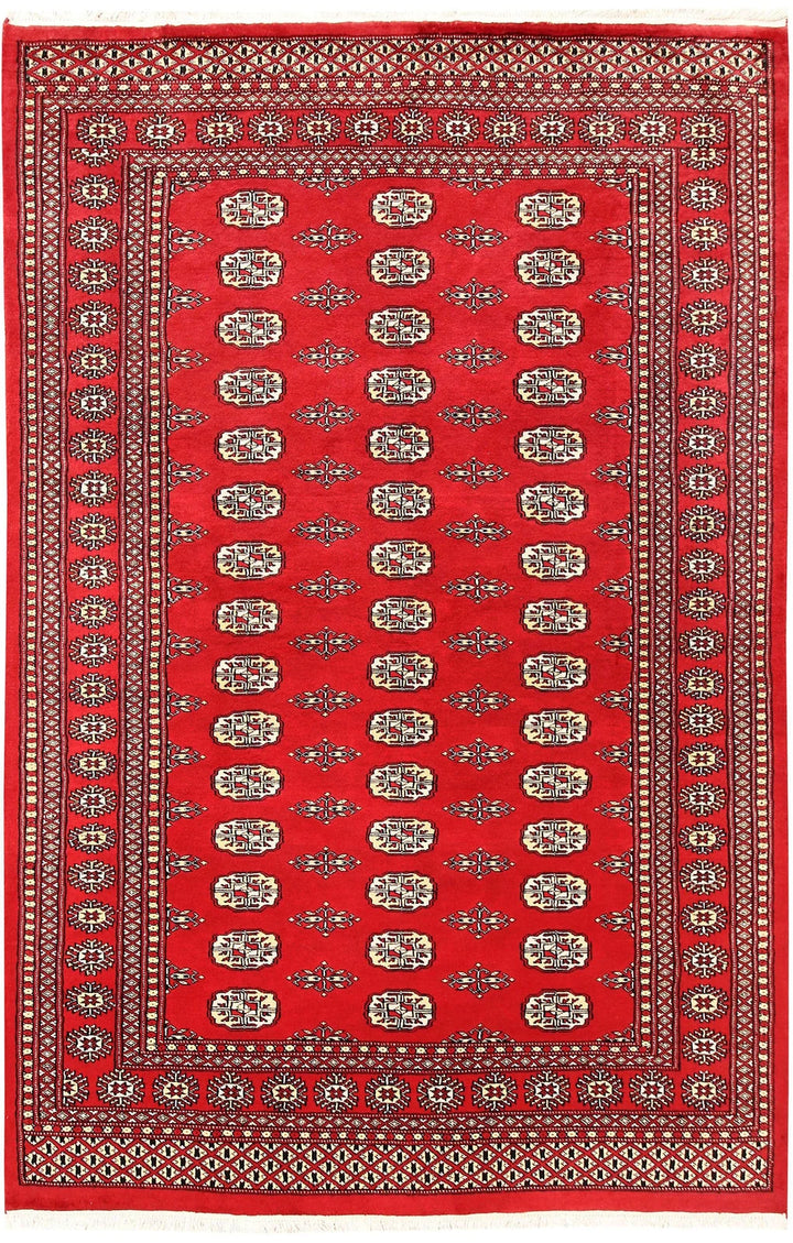 Red Pakistani Bokhara Rug 5' 5" x 8' 6" Hand-Knotted | No. QA84407