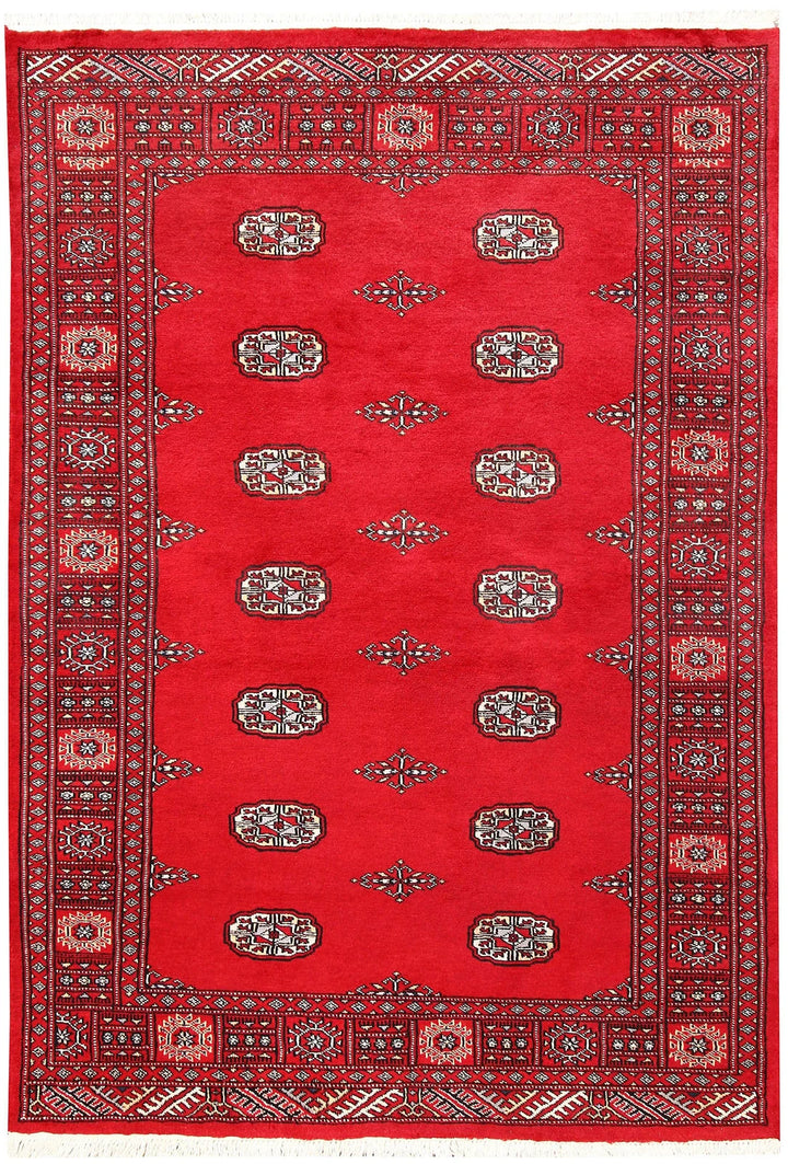 Red Pakistani Bokhara Rug 4' 1" x 5' 11" Hand-Knotted | No. QA84637