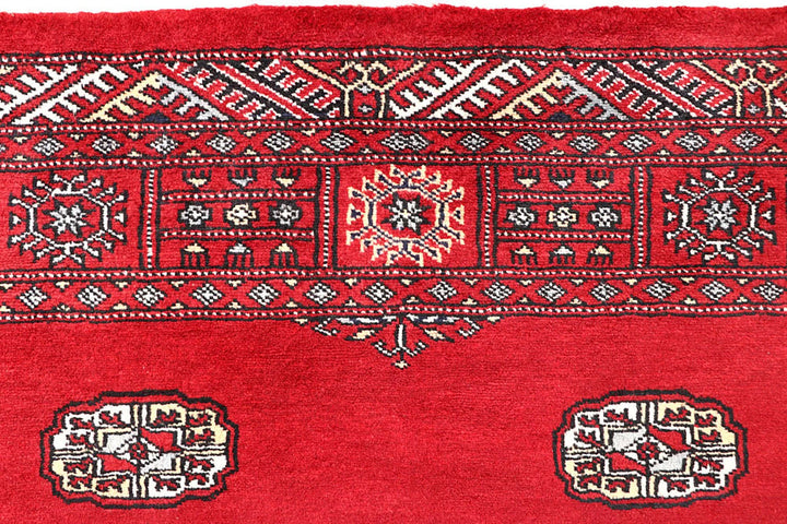 Red Pakistani Bokhara Rug 4' 1" x 5' 11" Hand-Knotted | No. QA84637