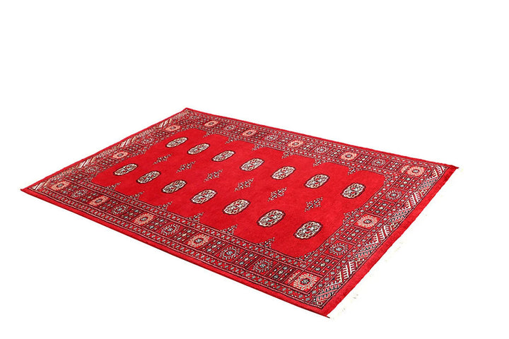 Red Pakistani Bokhara Rug 4' 1" x 5' 11" Hand-Knotted | No. QA84637
