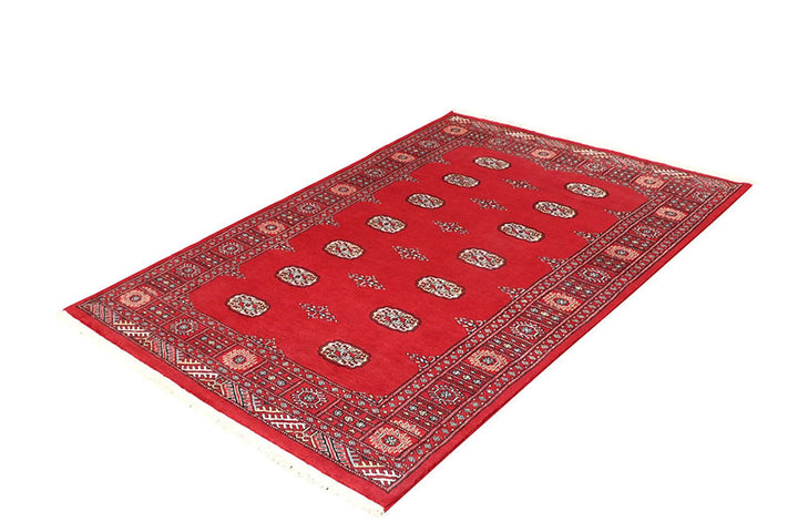 Red Pakistani Bokhara Rug 4' 1" x 5' 11" Hand-Knotted | No. QA84637