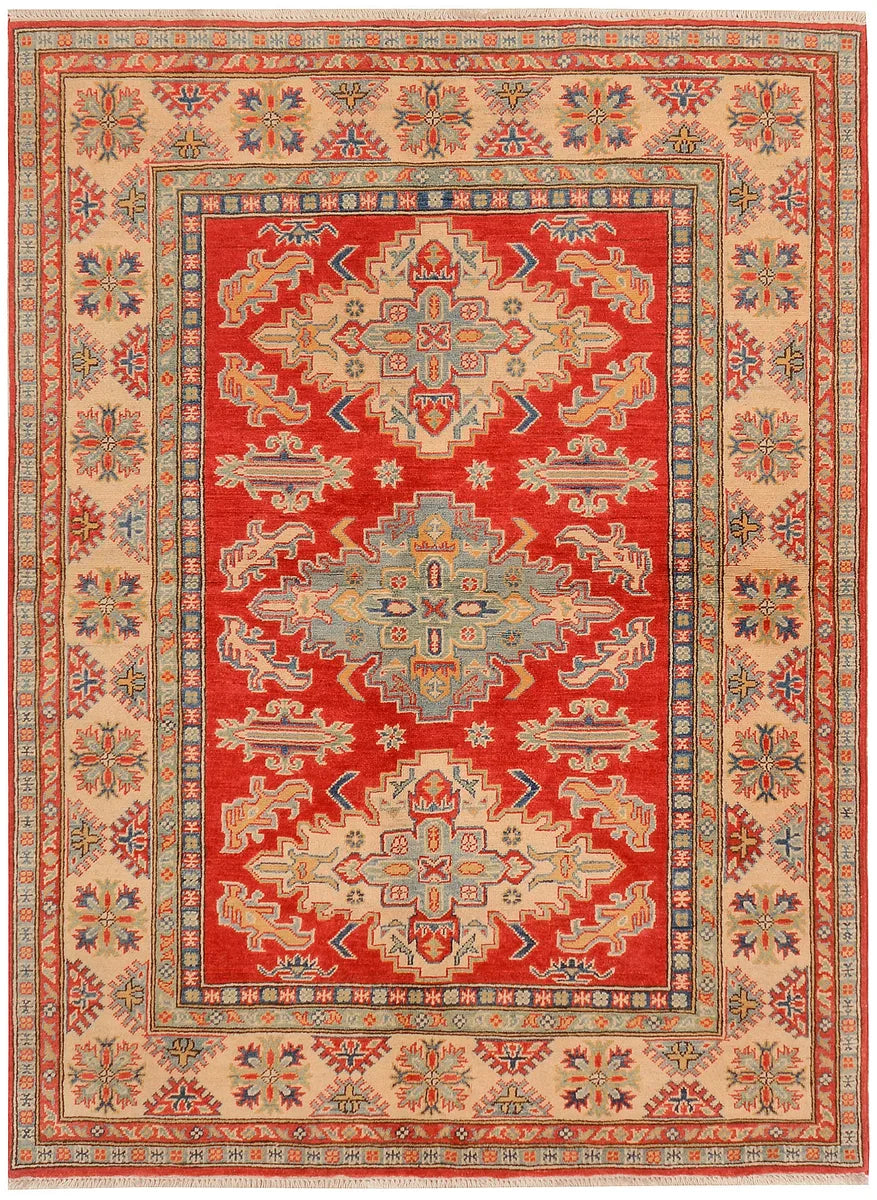 Red Kazak Rug 4' 11" x 6' 8" Hand-Knotted | No. QA85460