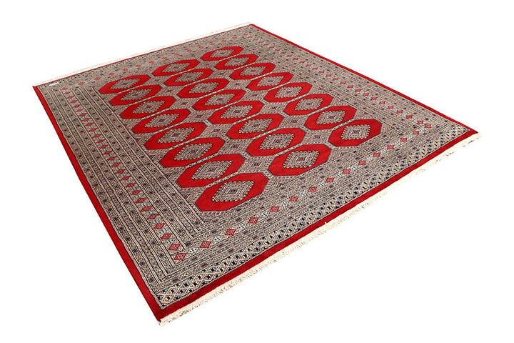 Firebrick Red Pakistani Jaldar Rug 6' 7" x 7' 8" Hand-Knotted | No. QA85480