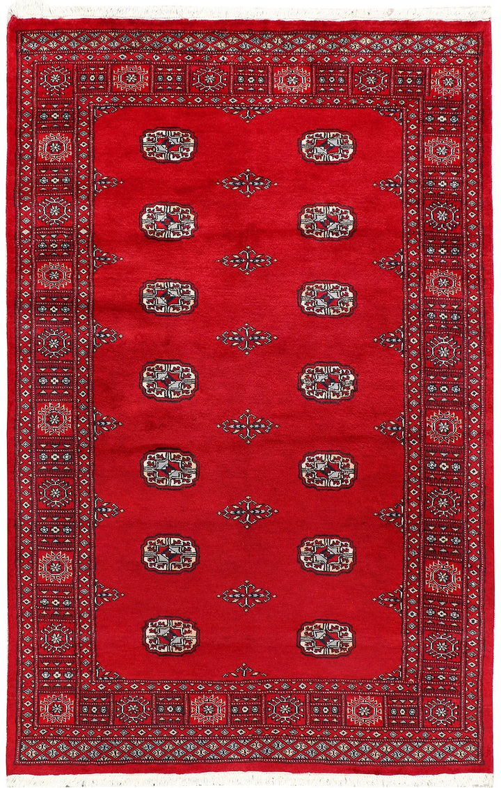 Red Pakistani Bokhara Rug 4' 1" x 6' 5" Hand-Knotted | No. QA85990
